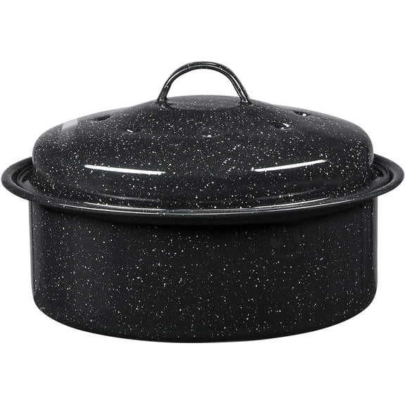 Round Covered Roaster with Lid, 3 lb Enamel Steel Roasting Pan, Non-Stick Even Heat, Dishwasher Safe, Speckled Black, for Poultry Meat Vegetables