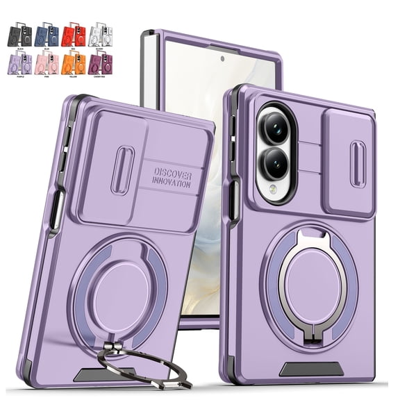 Favorn Slim Case for Samsung Galaxy Z Fold 8 with Slide Samera Cover, Shockproof Bumper Rugged Rotating Stand Ring Holder Anti-Scratch Magnetic Cover Compatible with Car Mount Case, Purple