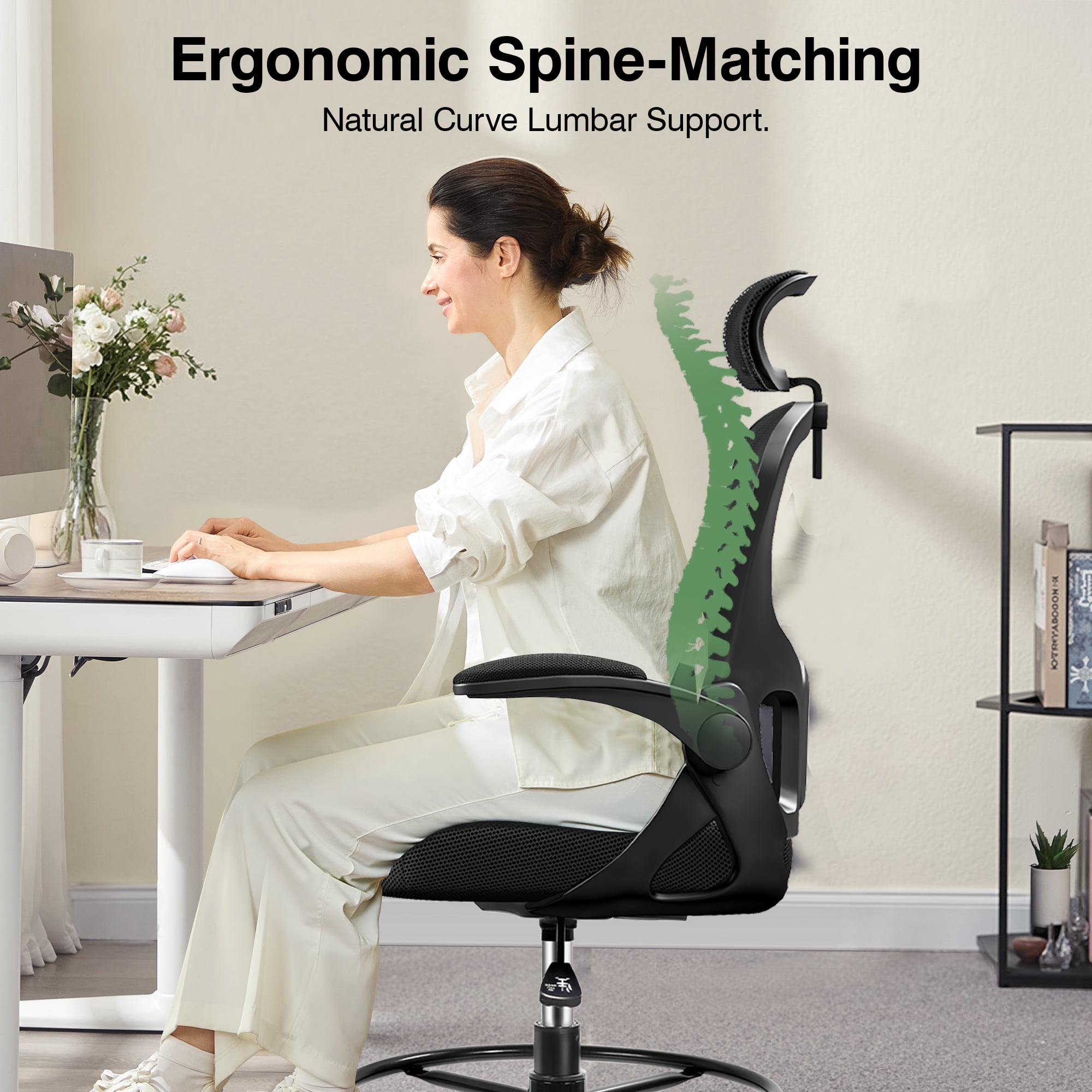 ATHOPE Office Chair Ergonomic Desk Chairs, Mesh Computer Chair with Headrest and Flip-up Arms, Adjustable Home Office Desk Chair with Lumbar Support Footrest Ring for Standing Desk, Black