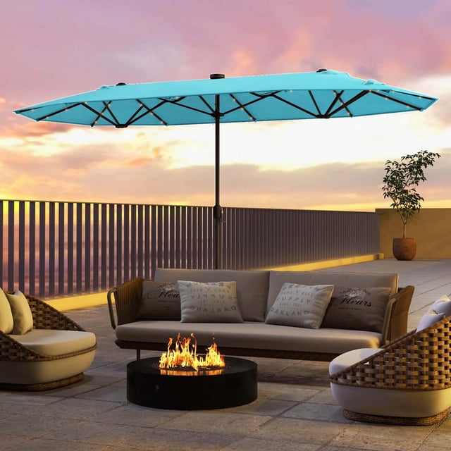Costway 13FT Double-sided Patio Umbrella with Solar Lights Crank Handle Umbrella Base Turquoise