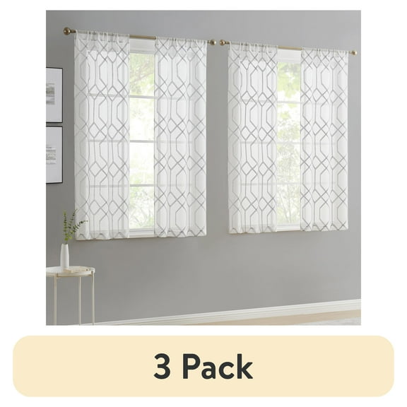 (3 pack) Mainstays Modern Geometric Embroidered Rod Pocket Sheer Curtains, Set of 4, Gray, 28" W x 63" L