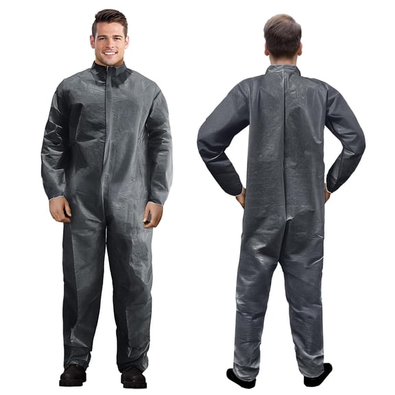 Disposable Polypropylene Coveralls, Gray, 5 pack, 2X-Large, 50 gsm Nonwoven Paint Suit with Zipper Front