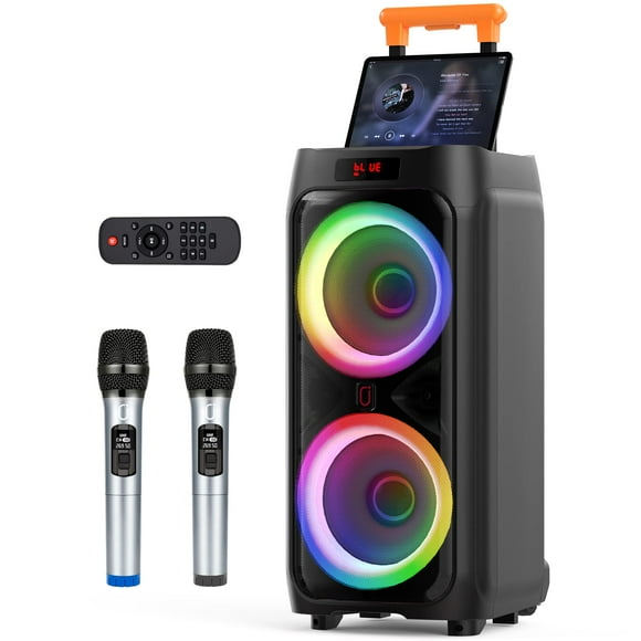 JYX Máquina de karaoke con 2 micrófonos inalámbricos para adultos, altavoz de fiesta Bluetooth grande de 8 pulgadas con potencia máxima de 500 W, sistema PA con luz de discoteca LED, ruedas giratorias