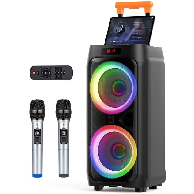 JYX Máquina de karaoke con 2 micrófonos inalámbricos para adultos, altavoz de fiesta Bluetooth grande de 8 pulgadas con potencia máxima de 500 W, sistema PA con luz de discoteca LED, ruedas giratorias