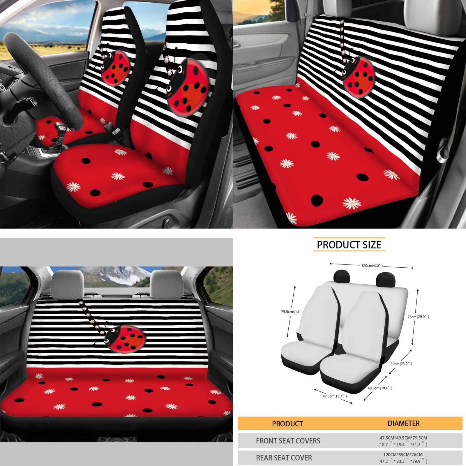 Yuyamidu Ladybug Car Seat Covers Set of 16 Cute Steering Wheel Cover Seat Belt Covers Handbrake Gear Shift Knob Cover Rear View Mirror Cover Cup Mat Keychain Sunshade for Car SUV Truck