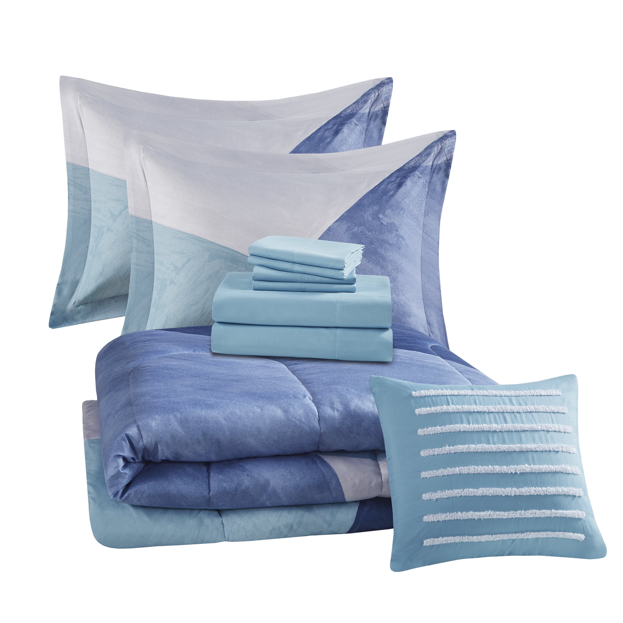 Mainstays 10 Piece Blue Color Block Bed in a Bag Comforter Set with Sheets, King