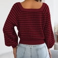 thumbnail image 3 of Women Plaid Knit Sweater Squares Neck Long Puff Sleeve Waist Cuffs Short Knitwear Pullover Tops for Casual Daily Wear Wine XL, 3 of 8