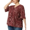 thumbnail image 5 of Agnes Orinda Women's Plus Size Blouse Ruffle Front Smocked Sleeves V Neck Solid Casual Tops 2X Wine Red Floral, 5 of 7