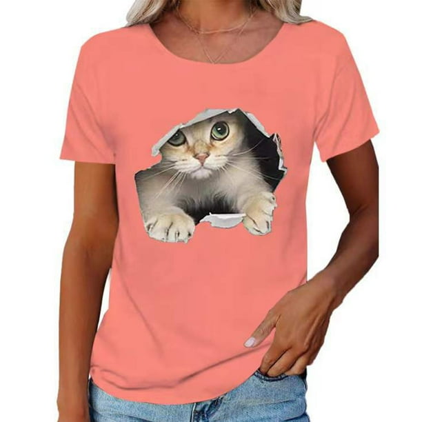Camiseta con estampado de gato,Camiseta con cuello redondo