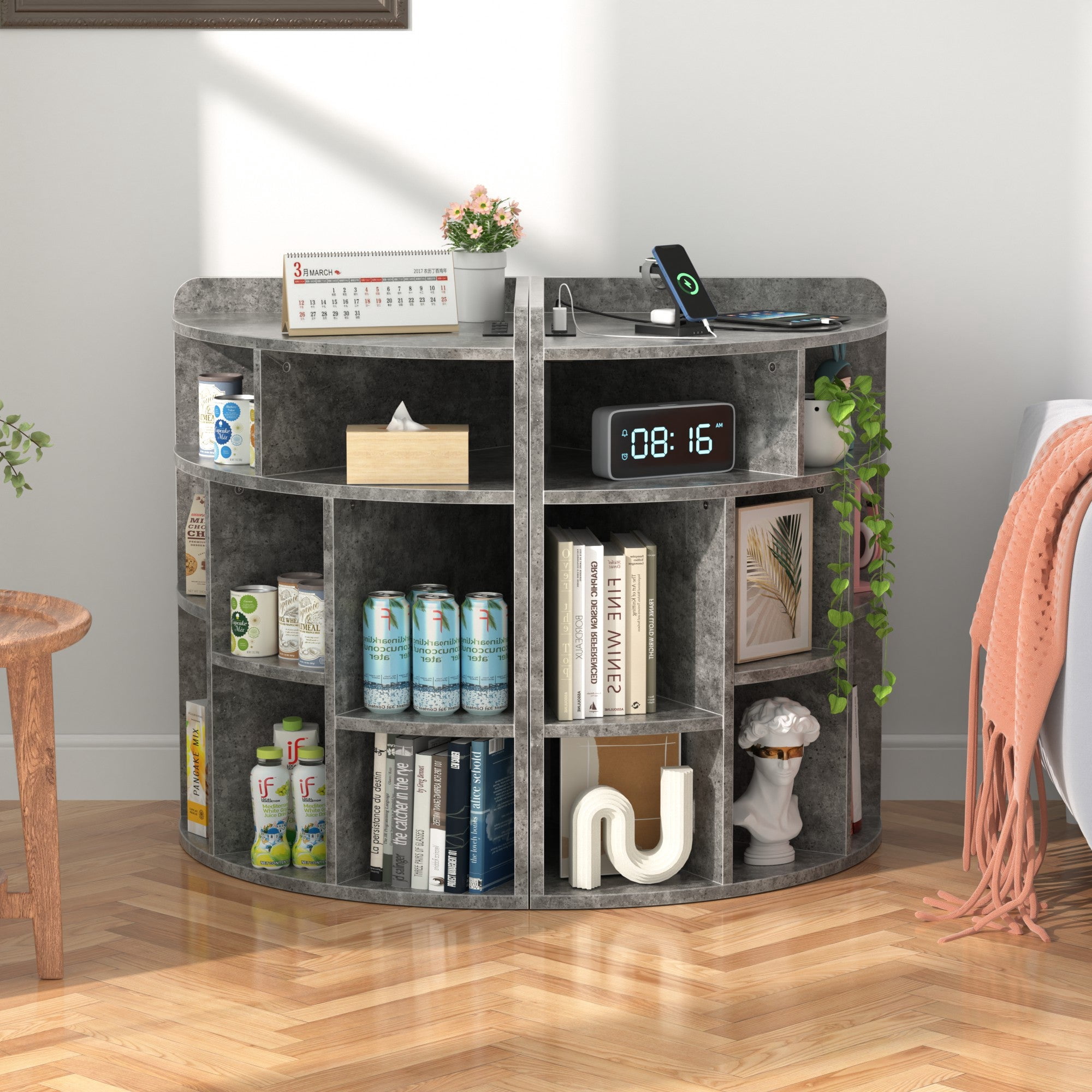 VECELO Corner Cabinet Storage with USB Ports and Outlets, Wooden Cubby Bookshelf for Small Space, Adjustable Shelves Corner Cube Toy Storage for Playroom, Bedroom, Living Room, Gray