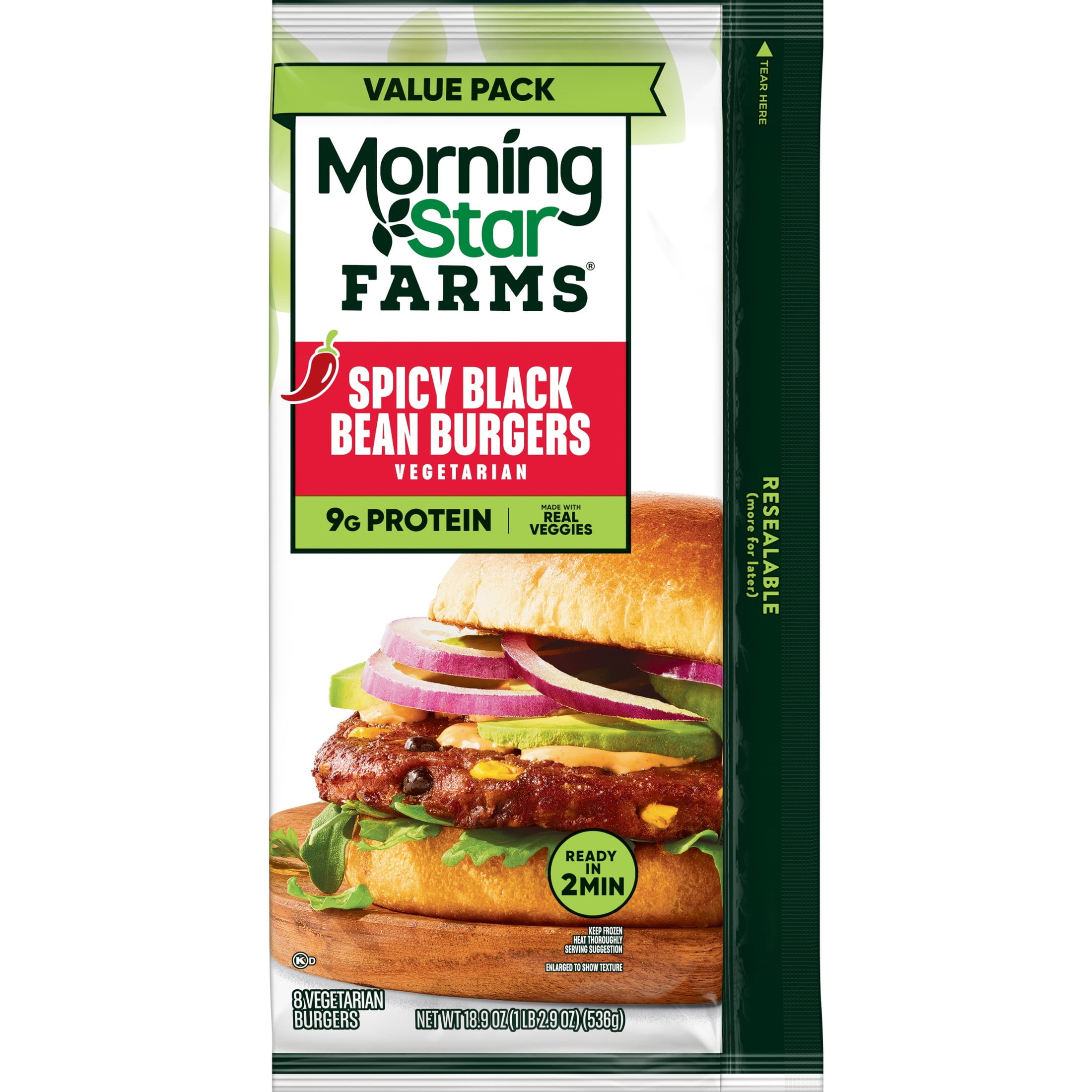MorningStar Farms Spicy Black Bean Veggie Burgers, Vegetarian Meat, 18.9 oz, 8 Count (Frozen)