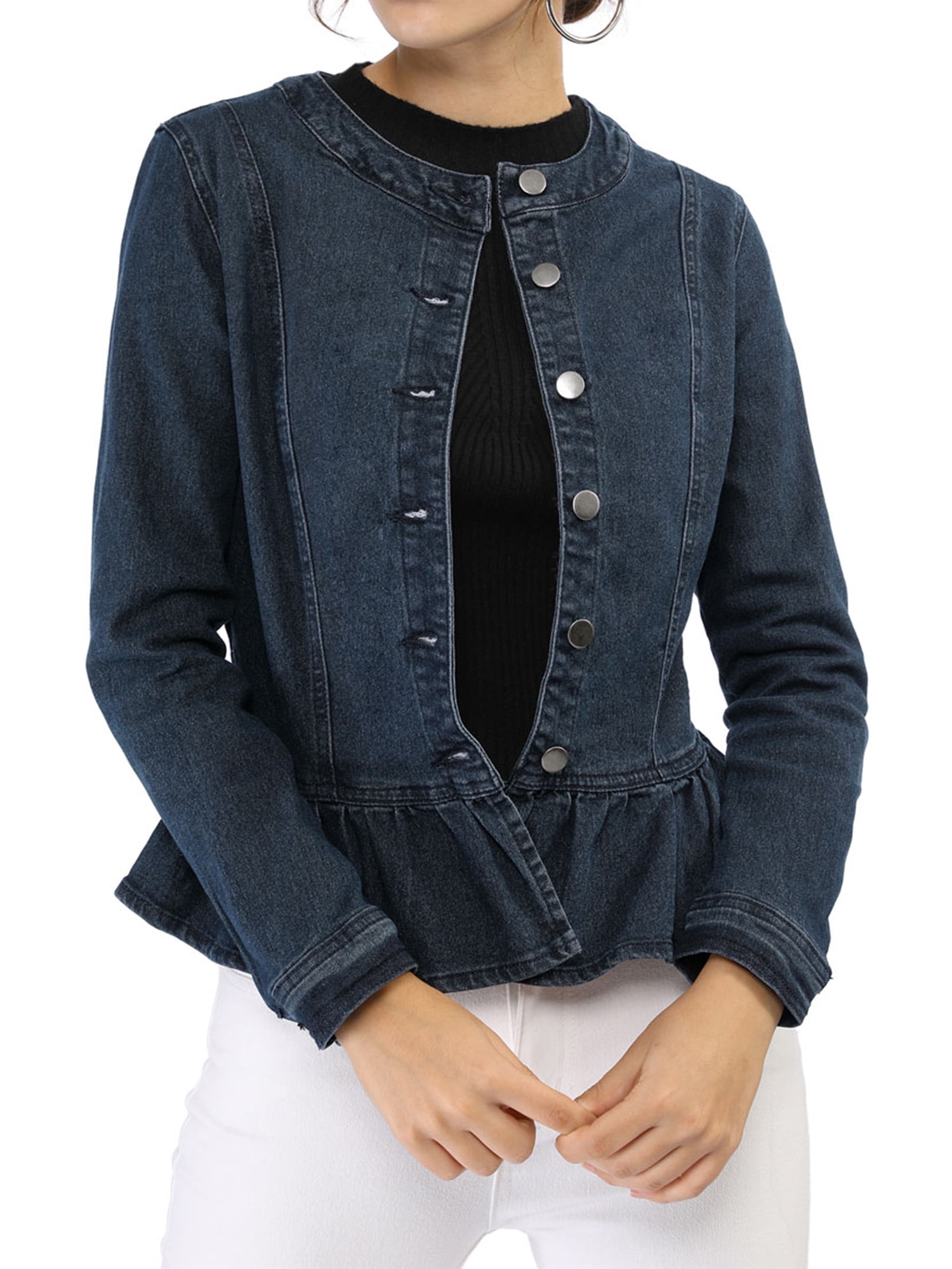 DARING DIVA Women's Button Down Cropped Ruffle Hem Denim Jacket M Blue