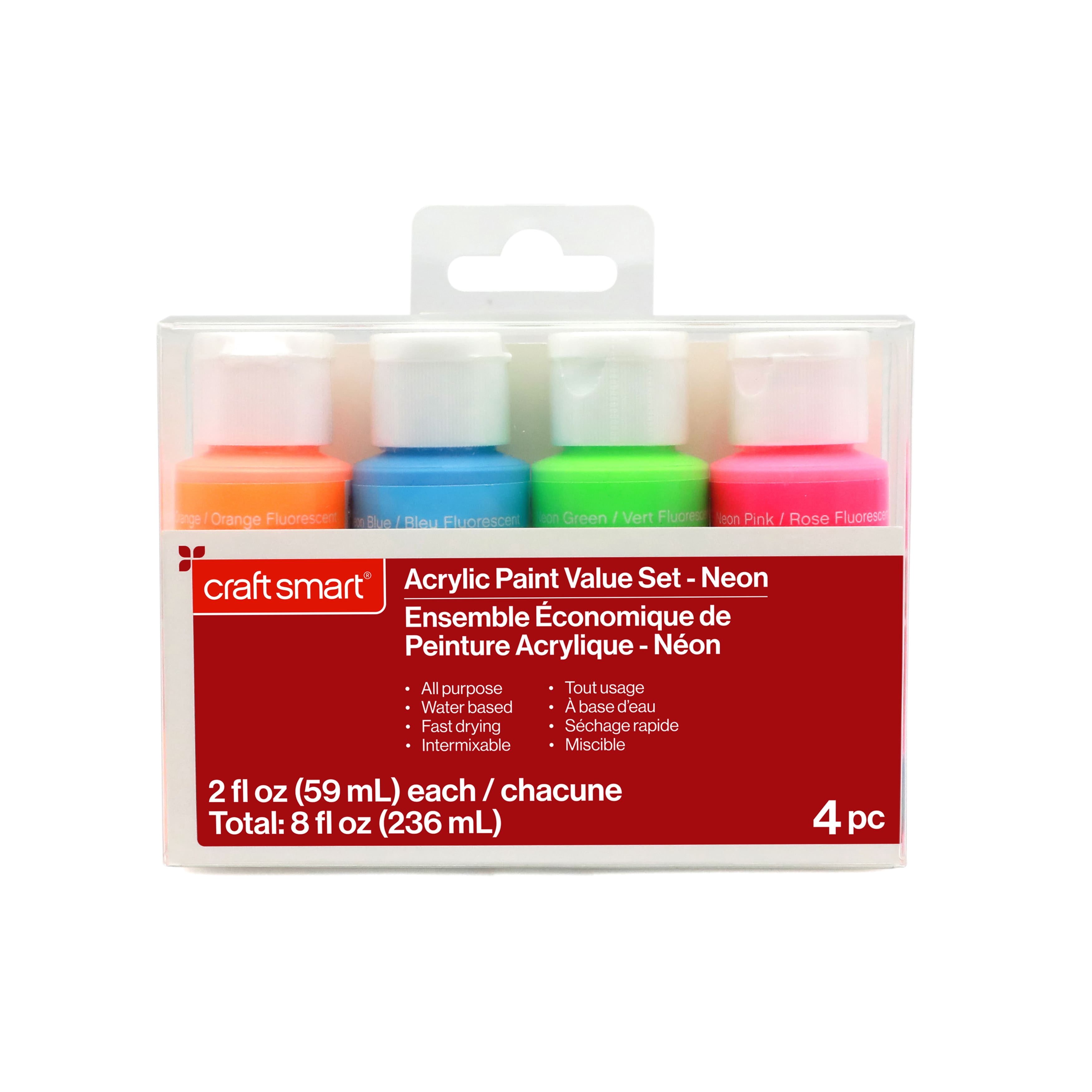 Craft Smart Neon Acrylic Paint, High-Visibility Fast-Drying Multi-Surface Formula, Assorted Neon, 2 fl. oz., 24 Packs (96 Total Bottles)