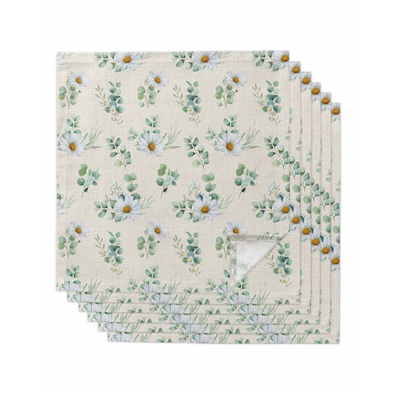 Daisy Cloth Napkins Set of 6 Reusable Dinner Napkins, Spring Flowers Eucalyptus Leaves Botanical Beige Cocktail Napkin Washable Table Napkins for Wedding/Holiday Party/Baby Shower 20"x20"