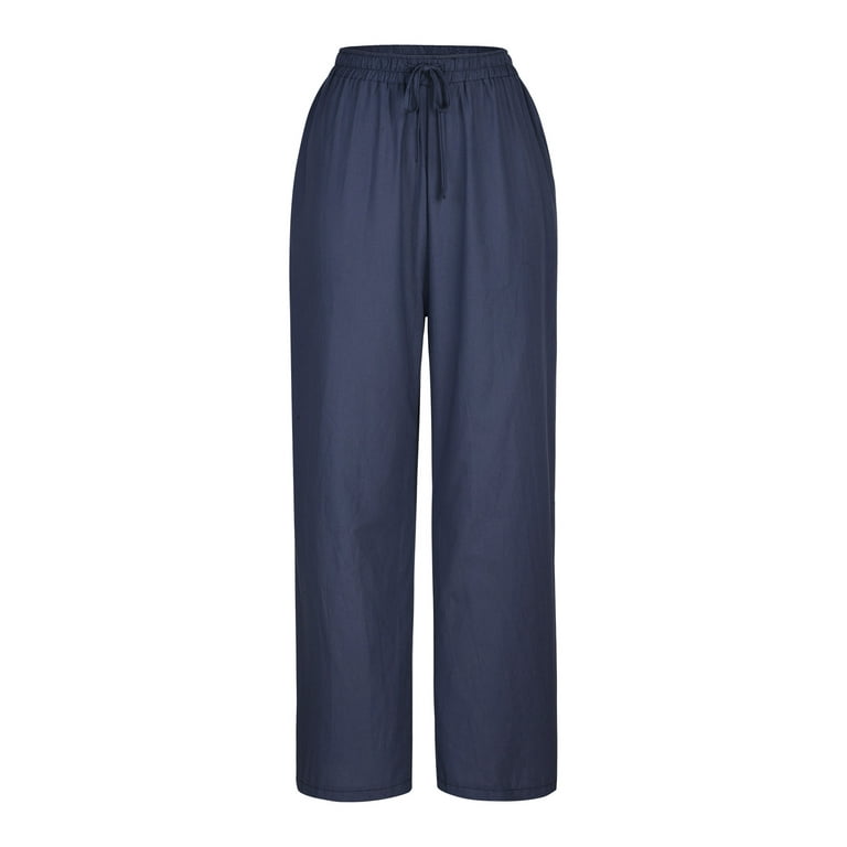 Lightweight Summer Pants Womens Elastic Waist Linen Wide Leg Trousers  Pocketed Drawstring Slacks Cozy Sweatpants (5X-Large, Blue) 