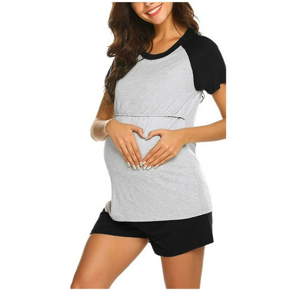 Zwiiyzr 2024 Women's Maternity Nursing Pajama Sets Short Sleeve Pregnancy Pj Set Breastfeeding Sleepwear Set for Hospital Black-L