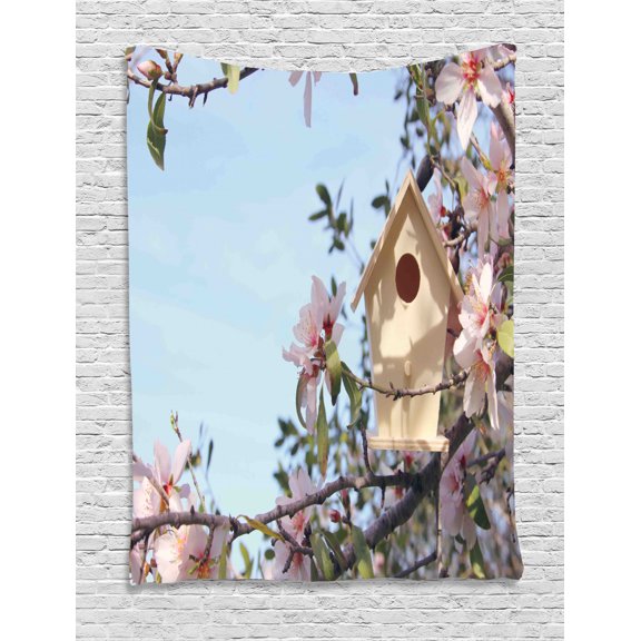 Almond Blossom Tapestry, Little Birdhouse on Cherry Blossom Tree Branch Springtime Sakura Blooming, Wall Hanging for Bedroom Living Room Dorm Decor, 40"W X 60"L, Multicolor, by Ambesonne
