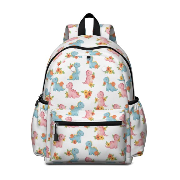 Dinosaur and Floral White Pattern Backpack for School, Cute School Bag with Adjustable Shoulder Straps and Padded Back, 13.4"x11"x4.7"