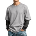 thumbnail image 2 of Men's T-Shirt Fake Two-Piece Layered Look Contrast Sleeve Casual Long Sleeve Pullover Fall Solid Color Top, 2 of 5
