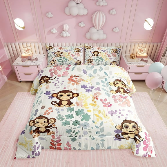Kawaii Monkey Bedding Set Twin Size,Cartoon Monkey Flower Comforter Set,Watercolor Floral Quilt Bed Set Forest Wildlife Animal Down Comforter with 1 Pillowcase