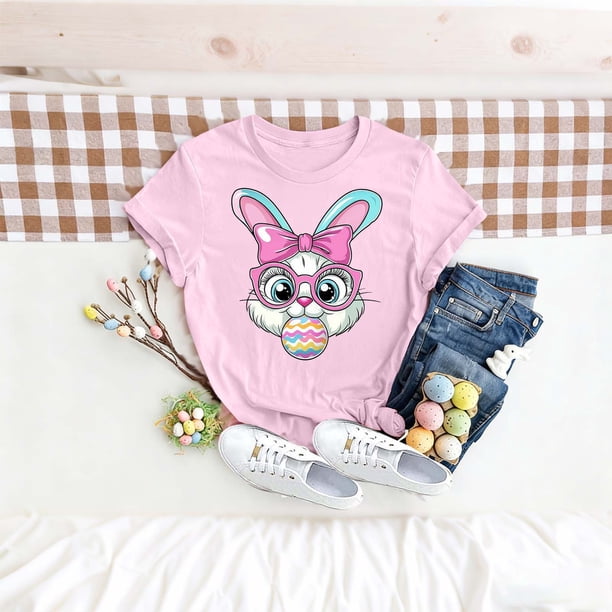 TaTaai Women's Cotton Easter Graphic T-Shirt Short Sleeve Crew Neck Loose Fit Casual Summer Chic Tee Family Daily Work Vacation Gift