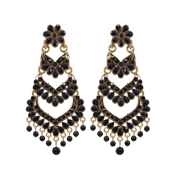 Crunchy Fashion Bollywood Jewellery Traditional Ethnic Bridal Bride Wedding Bridesmaid Ethnic Gold-Plated Jadau Black Kundan Long Pearl Earrings Jhumka earrings
