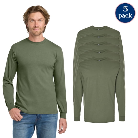 Gildan Heavy Cotton Long Sleeve T-Shirt, Men’s Military Green Crewneck Shirt, 5-Pack T-Shirts, S