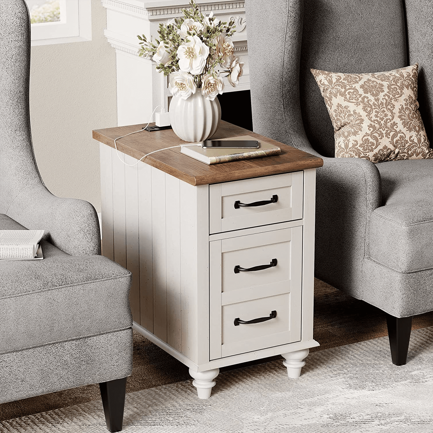 Farmhouse Off White Side Table – Wooden End Table with Charging Station, Nightstand for Bedroom Living Room