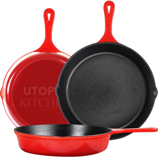 Juego de 3 sartenes de hierro fundido Utopia Kitchen, sartén de chef, pre-sazonadas, de 6, 8 y 10 pulgadas, fáciles de usar en horno, estufa, parrilla o fogata, color rojo
