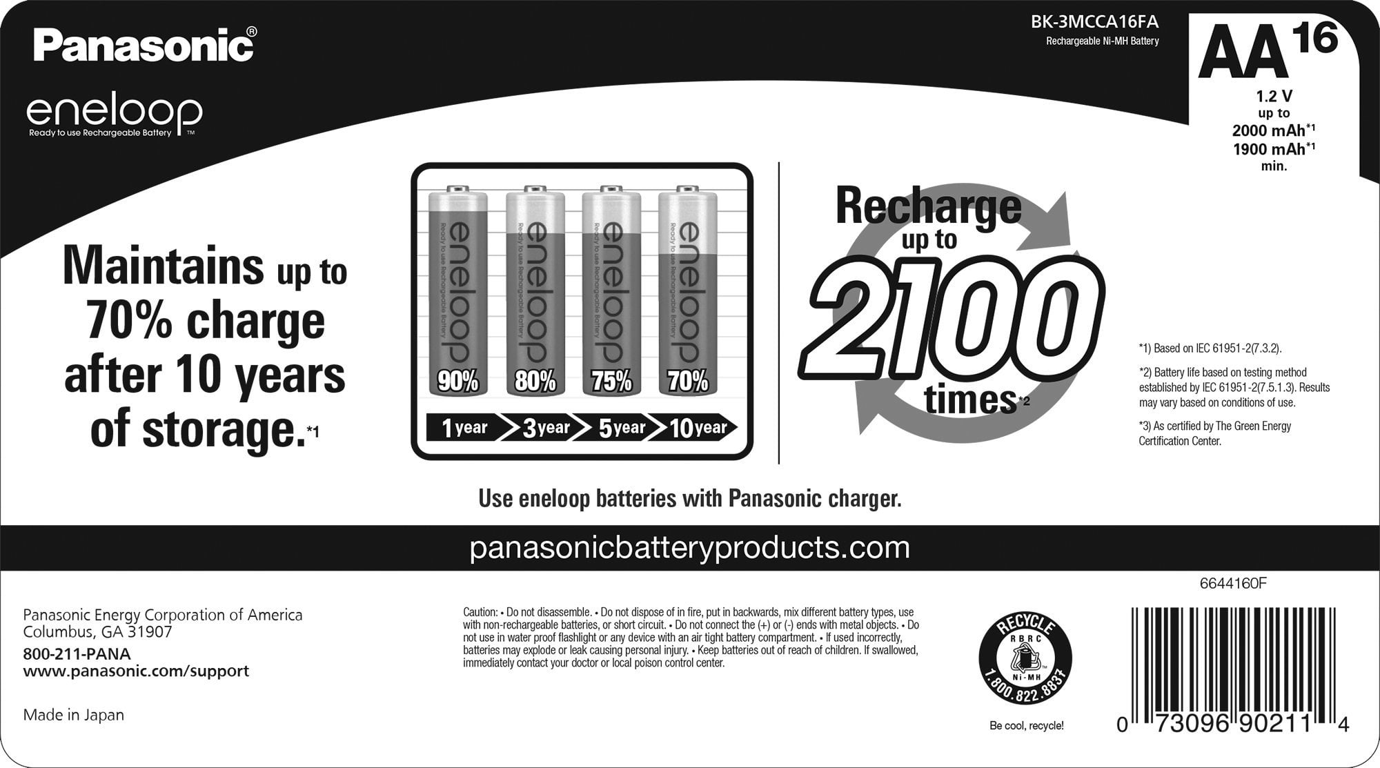 Panasonic BK-3MCCA16BA eneloop AA 2100 Cycle Ni-MH Pre-Charged Rechargeable Batteries, 1