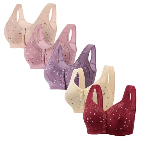 5 Packs No Underwire Underwear Women Daisy Bra Convenient Front Close Button Bras Older Women Comfort Cotton Bras Plus Size Bras for Women Everyday Bras for Women Pack