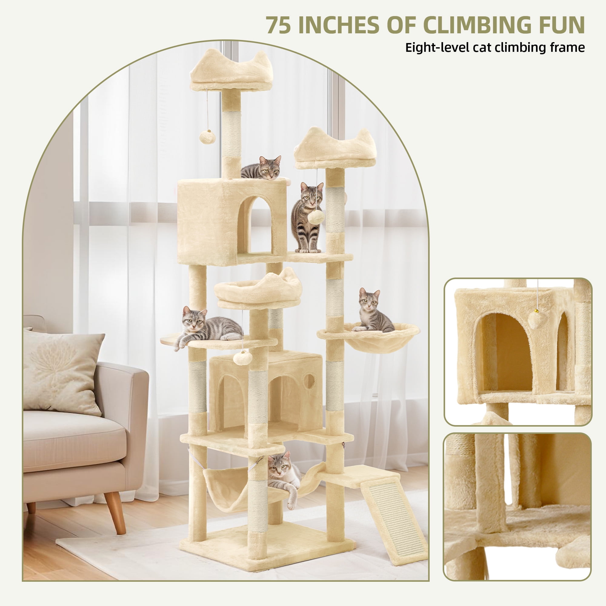 Uforic 75in Large Cat Tree, Multi-Level Cat Tower Condos with Scratch Posts, Cozy Basket Hammocks, Top Perches, Sisal Ramp, Pet Play House, Beige