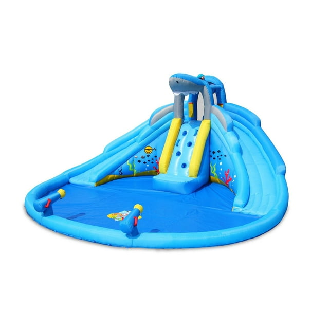 Piscine gonflable Happy Hop Fun Shark pour enfants – Toboggan aquatique, mur d’escalade et jeux de pistolet à eau