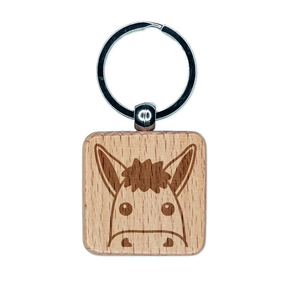 Peeking Donkey Square Keychain Charm Tag - Engraved Wood