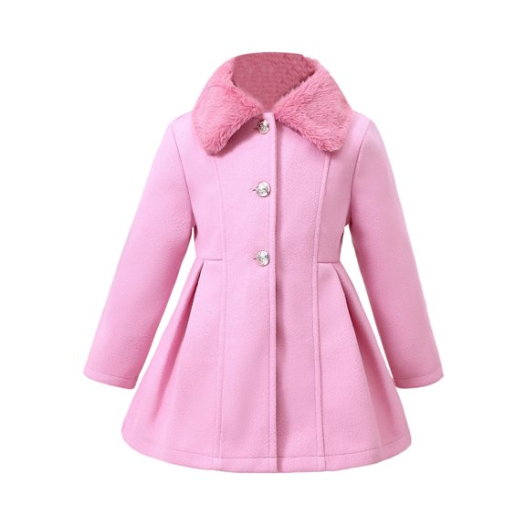 BFHHYA Toddler Girls Wool-Blend Princess Coat Button-Down Furry Collar Trench Coat Mid-Length Ruffled Hem Outerwear for Winter Birthday Parties (4-8Y)