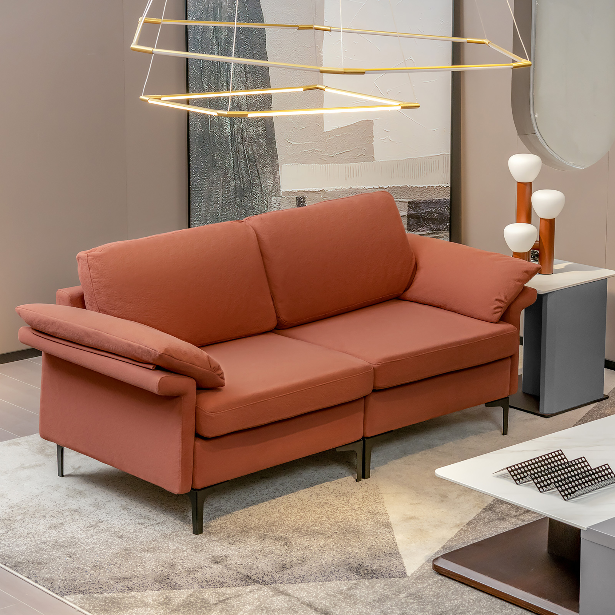 Costway Modern Loveseat Fabric 2-Seat Sofa Couch for Small Space w/ Metal Legs Rust Red