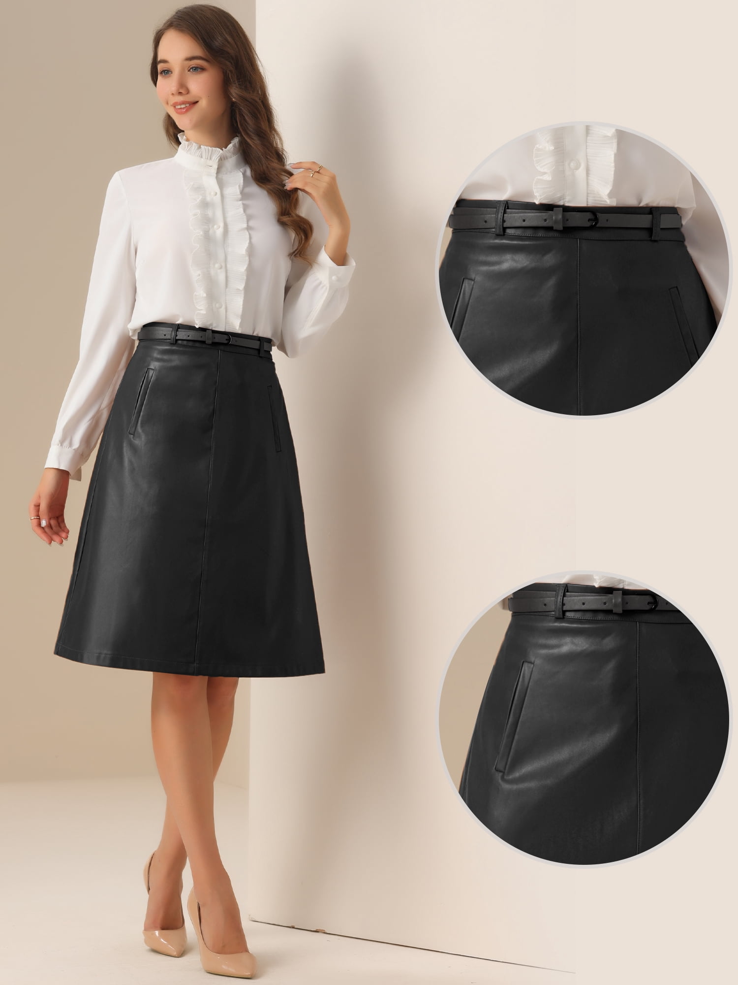 DARING DIVA Women A-Line High Waist PU Faux Leather Belted Midi Skirt M Black