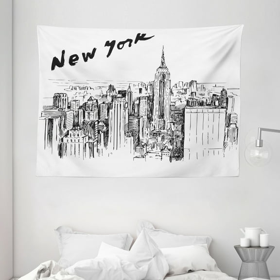 New York Tapestry, Vintage Hand Drawn Urban Scenery with Skyscrapers Sketch Style Downtown Print, Wall Hanging for Bedroom Living Room Dorm Decor, 80W X 60L Inches, Black White, by Ambesonne