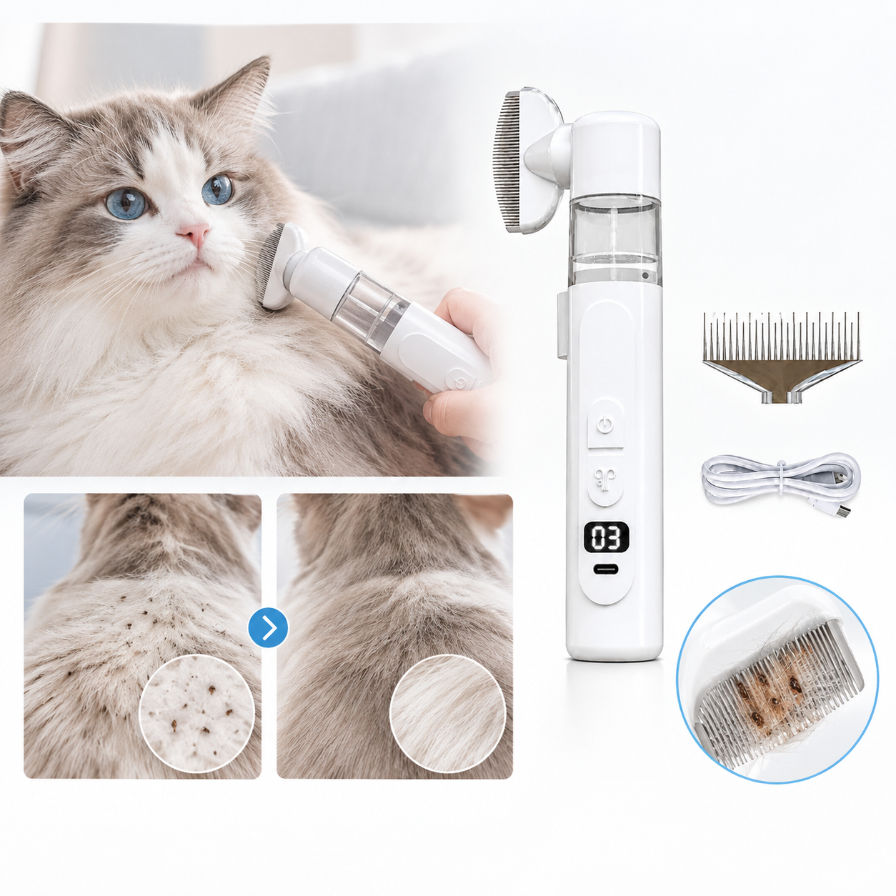Paw Zap Flea Comb, Rechargeable with Suction, Electric Pet Flea Comb, Remove Fleas, Lice & Loose Hair, 360° Rotating Head for Long Short Haired Pets