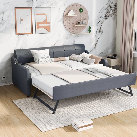 CoSoTower Twin Size Upholstery Daybed With Trundle And Usb Charging Design,Trundle Can Be Flat Or Erected,Gray