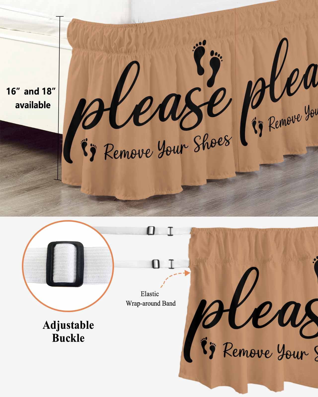Footprint Wrap Around Bed Skirts for Queen Bed 16" Drop,Bed Skirt with Adjustable Elastic Belt Dust Ruffle Bed Valance for Bedroom Hotel Vintage Brown Black Please Remove Your Shoes Bed Frame Cover