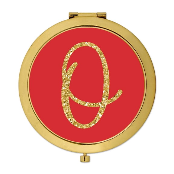 Koyal Wholesale Gold Compact Mirror Bridesmaid's Wedding Gift, Red with Faux Gold Glitter, Monogram Letter O, 1-Pack