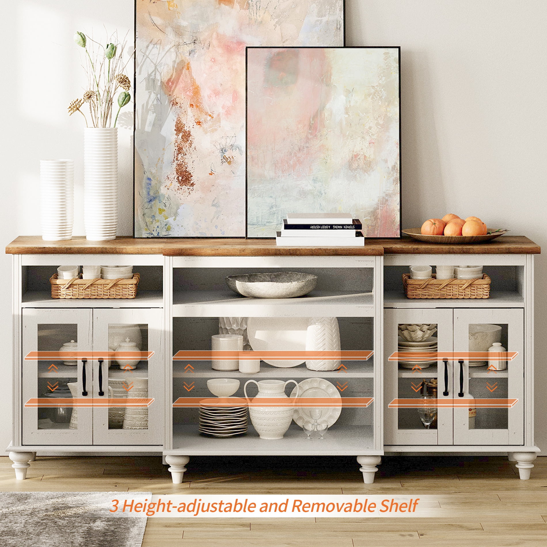 WAMPAT Large Buffet Cabinet with Charging Station for Dining Room, Off White