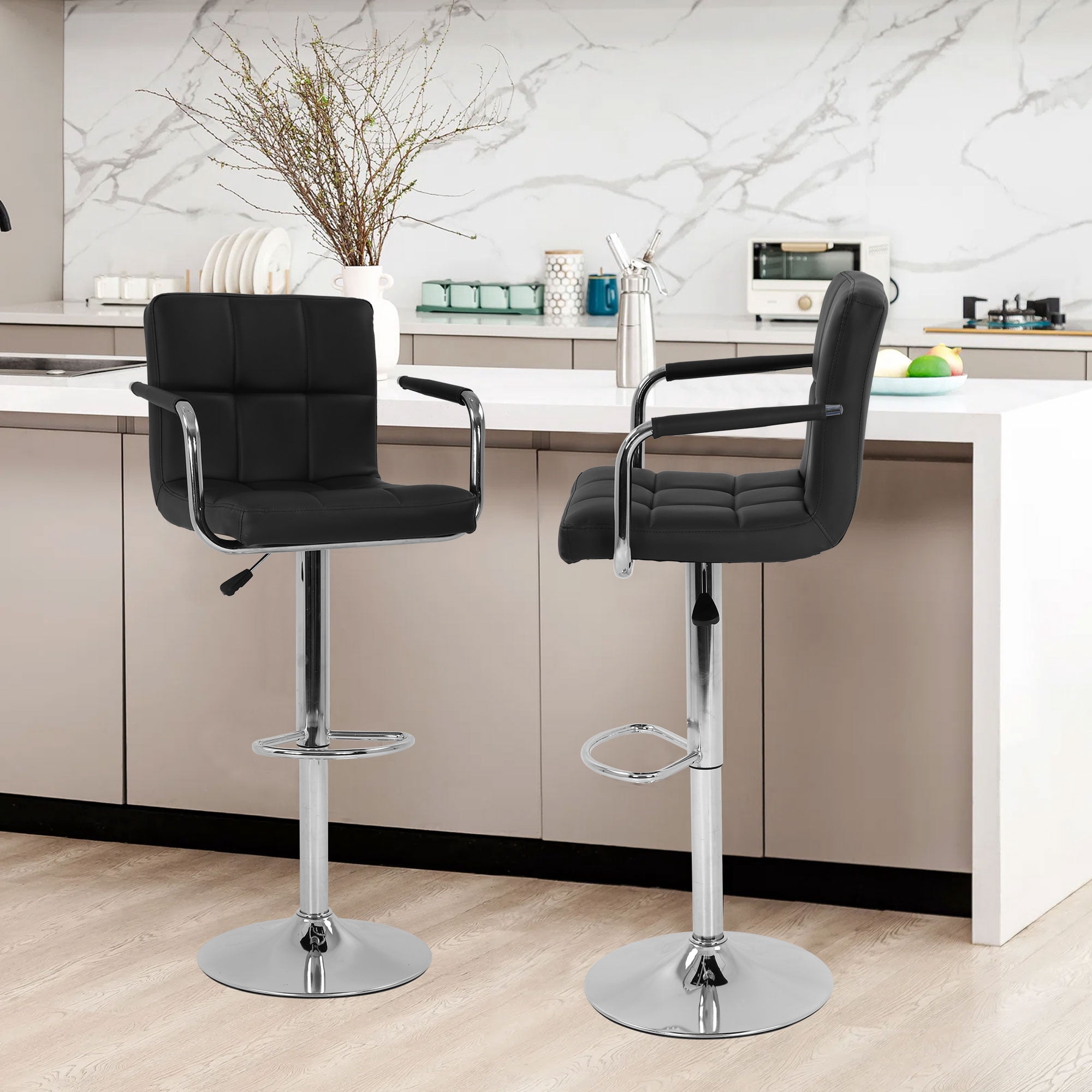 CL.HPAHKL Swivel Bar Stools Set of 2, Kitchen Counter Adjustable Height Barstools with Armrest & Backrest, Faux Leather Island Chairs for Kitchen Island, Office, Bar, Restaurant, Black