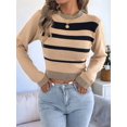 thumbnail image 6 of Women Casual Color Block Stripe Ribbed Crew Neck Slim Cropped Long Sleeve Knit Pullover Sweater Khaki M, 6 of 10