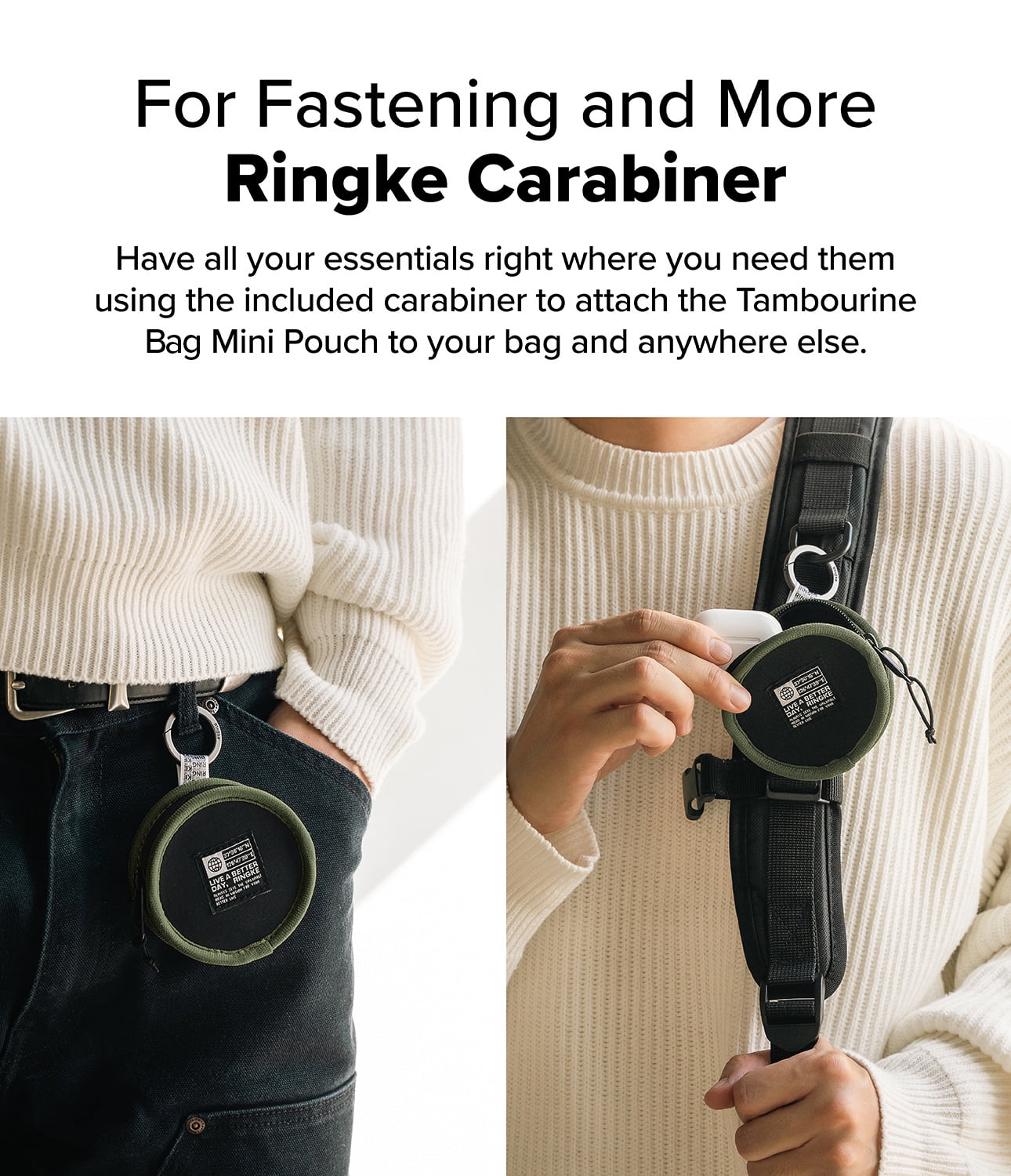 Ringke Tambourine Bag for Universal Earphone AirPods Pro Galaxy Buds Cards, Durable Small Round Carrying Mini Pouch with Key Ring Accessories - Olive Green