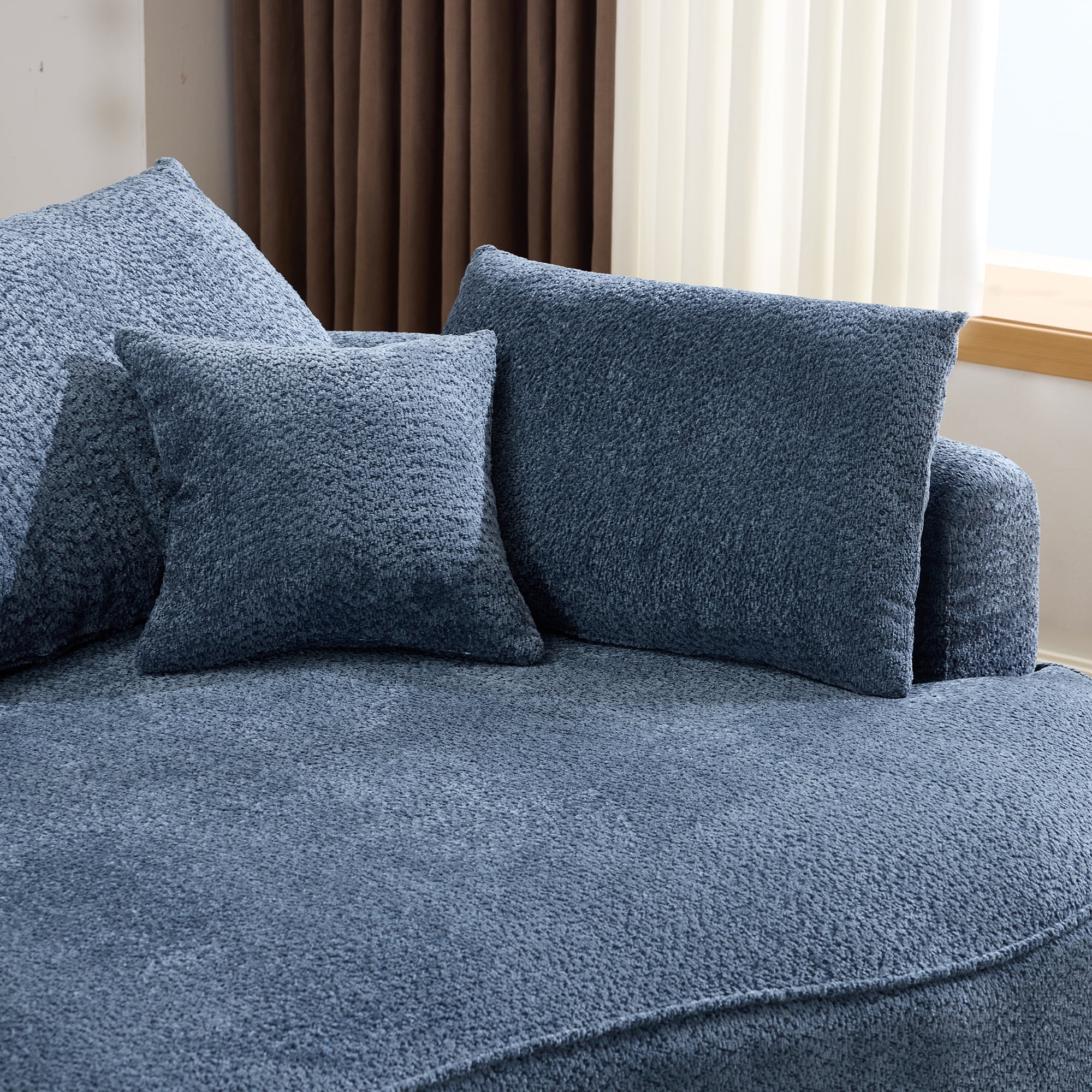 Curved Boneless Sofa, Modern Chenille Fabric Sectional Sofa with 3 Back and 4 Throw Pillows, High-Resilience Sponge Support and Ergonomic Design, 124.5 Inch Large Capacity Sofa for Living Room, Blue