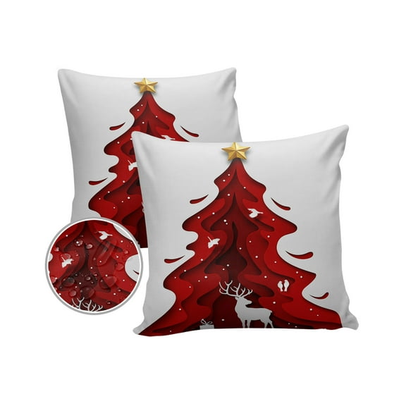 Pack of 2 Outdoor Pillow Covers, Red Ombre Christmas Tree Reindeer Waterproof Square Throw Pillowcase Cushion Decorative Pillow Covers for Couch Patio Tent, 16x16 in