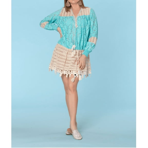Resortwear.Miami Beachwear Cotton Lace Aqua Long Sleeve Coverup Dress
