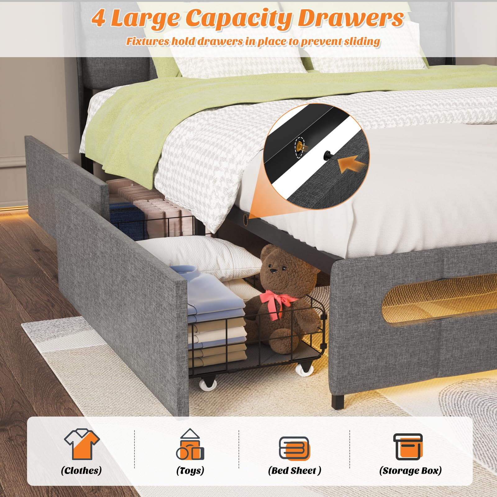 Aheaplus Full Size Bed Frame with Drawers Charging Station LED Light, Upholstered Full Bed Frame with Storage Headboard, Heavy Duty Wood Slats, No Box Spring Needed, Noise Free, Gray